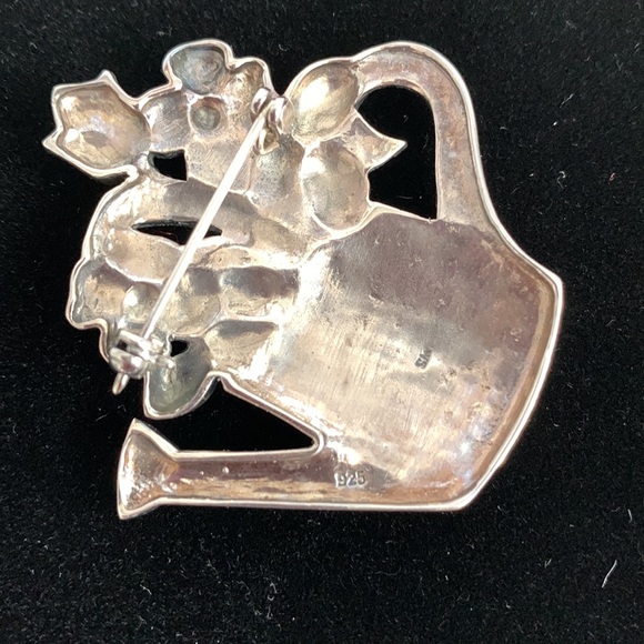 Enamel Marcasite Watering Can Of Flowers Brooch Pin S.M.925 Spring Floral Summer - Picture 3 of 9